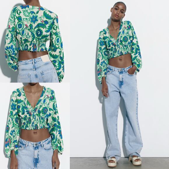 Zara Floral‎ Cropped Long-sleeve Green and Blue Size L - Picture 2 of 7